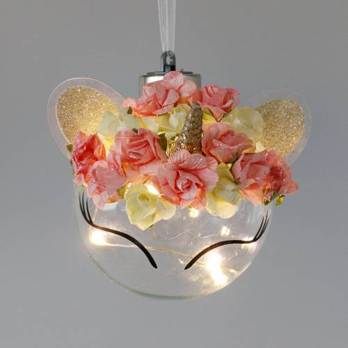 Floristik24 Julgranskula enhörning med LED-ljuskedja och blommor gult, rött, transparent glas, papper rosor Ø8cm För batterier