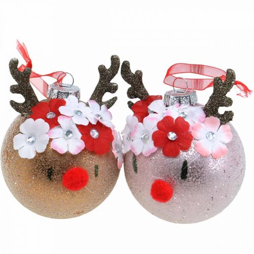Floristik24 Julgranskula, ren med blomsterkrans, adventsdekoration, träddekoration brun, rosa äkta glas Ø8cm 2st