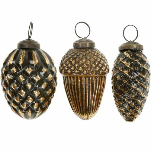 Ekollon och kottar att hänga brunt, gyllene glas 8,5cm 3st i ett set