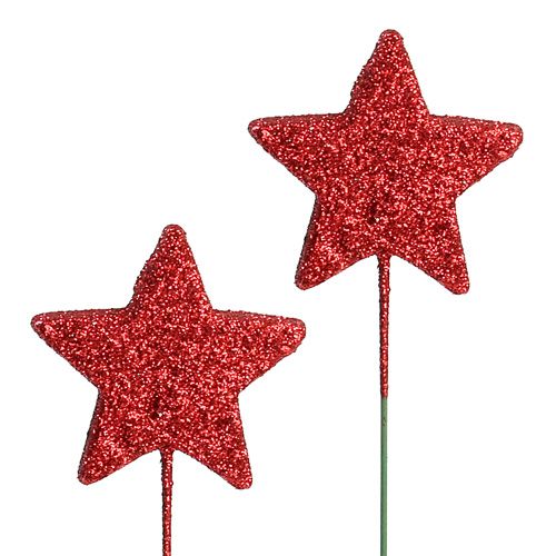 Floristik24 Glitterstjärna på tråden 5 cm röd L23cm 48st