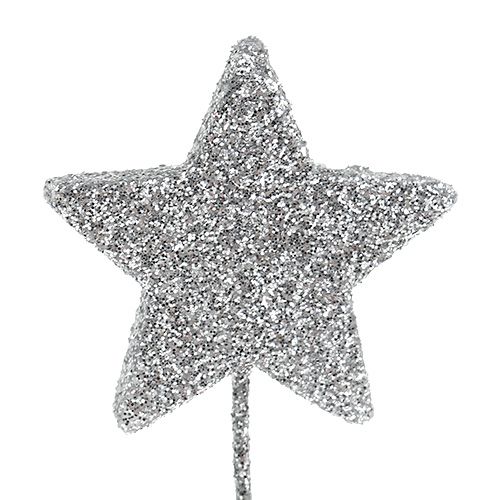 Floristik24 Glitterstjärna silver 4cm på tråd 60st