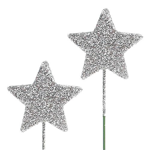 Floristik24 Glitter star silver 5cm på tråd L22cm 48st