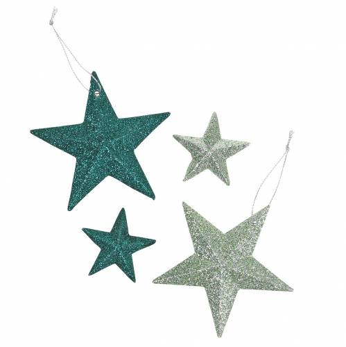 Floristik24 Glitter stjärnset deco galge och scatter dekoration smaragd, ljusgrön 9cm/5cm 18 stycken