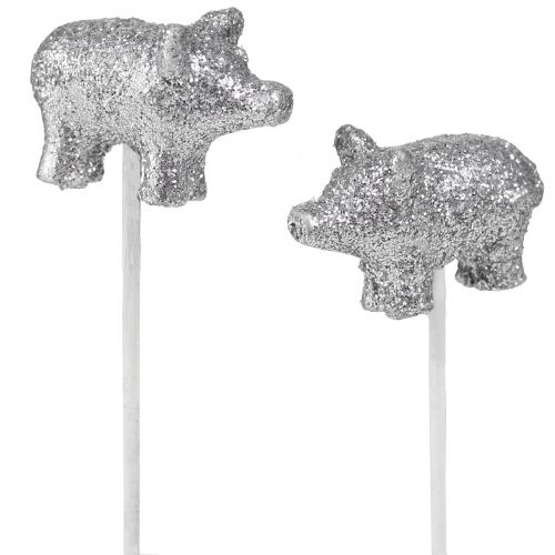 Artikel Lyckogris nyårsafton lyckobringare på pinne silver 3cm 6st