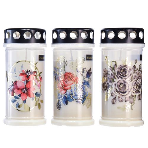 Floristik24 Gravljus vitt motiv ljus blommor Ø7,5cm H16,5cm 3st