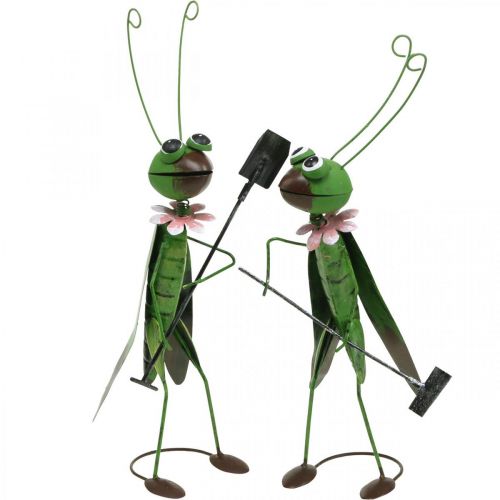 Artikel Gräshoppa Trädgårdsfigur Metalldekoration Cricket med kratta och spade H33cm Set med 2