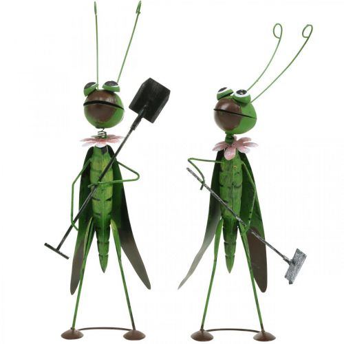 Artikel Gräshoppa Trädgårdsfigur Metalldekoration Cricket med kratta och spade H33cm Set med 2