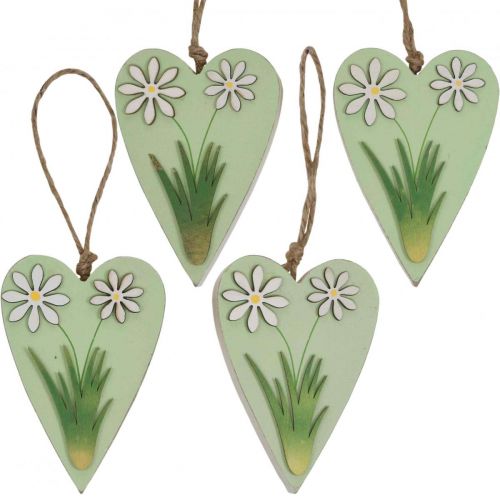 Artikel Dekorativa hjärtan för att hänga med blommor trägrön, vit 8,5×12cm 4 st