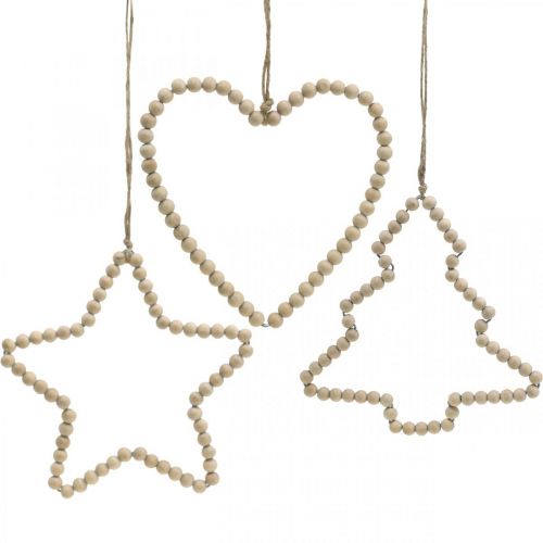 Artikel Deco hängare jul träpärlor hjärta stjärnträd H16cm 3st