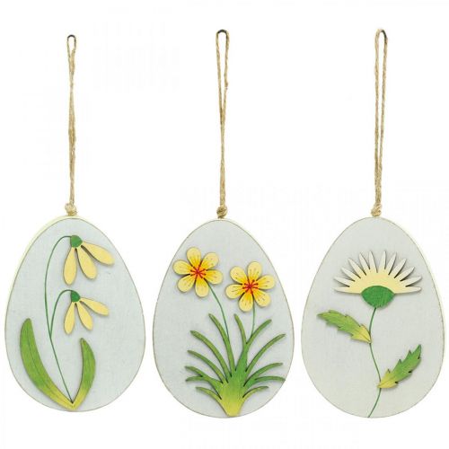 Artikel Ägg att hänga, påskägg i trä, blommotiv, maskros snödroppe Winterling H14cm 3st