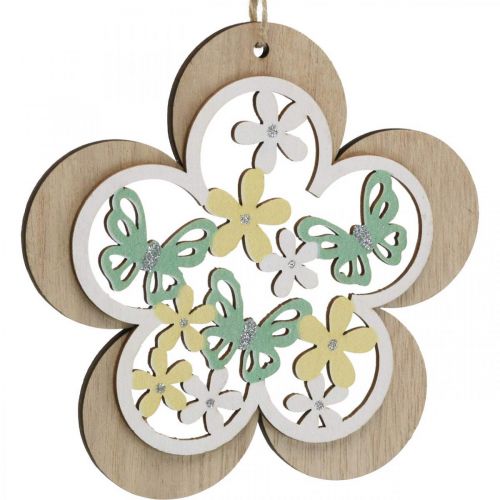 Artikel Fjäril att hänga, trähängeblomma, vårdekoration med glitter H11/14,5cm 4st