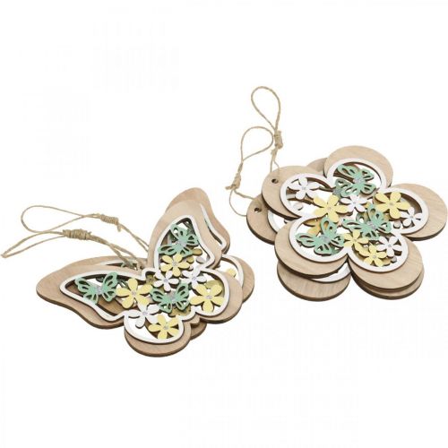 Artikel Fjäril att hänga, trähängeblomma, vårdekoration med glitter H11/14,5cm 4st