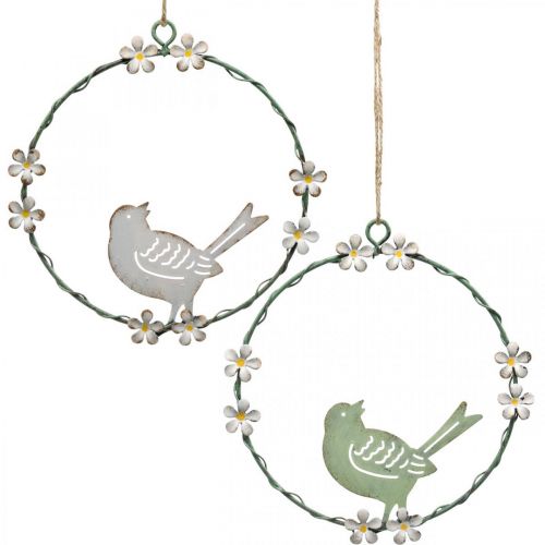 Floristik24 Krans med fågel, metalldekor för upphängning, vårvit/grön Ø14,5cm set om 2
