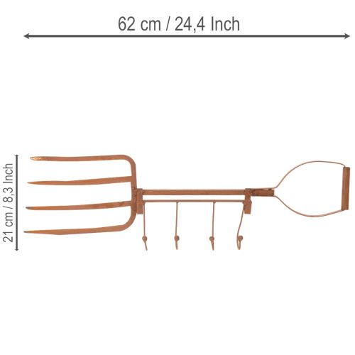 Rostig metallkrokskena, dekorativ högaffel, trädgårdsdekoration, 4 krokar, 62 cm | Floristik24.se