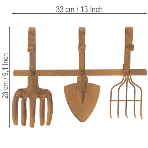 Krokskena för trädgårdsredskap, trädgårdsdekorationer, kratta, spade och hacka; metallkapphängare av rostig metall, L33,5 cm | Floristik24.se