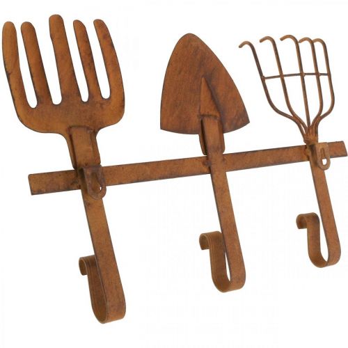 Artikel Hook bar trädgårdsredskap, trädgårdsdekoration, kratta spade kratta, garderob gjord av metall patina L33,5 cm
