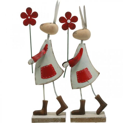 Artikel Påskdekoration, kanin av metall, vårdekoration, påskhare med blomröd, beige H21cm 2st