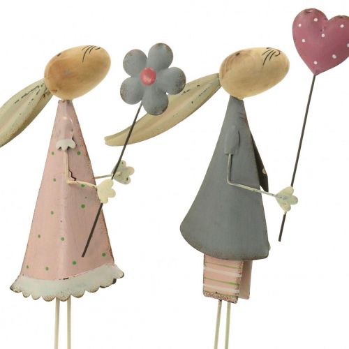 Floristik24 Vårdekoration, kaniner av metall, påsk, par kaniner, Alla hjärtans dag rosa, blå 29,5/31,5 cm set om 2