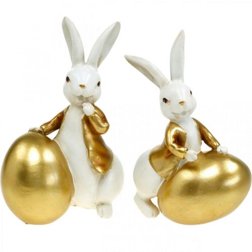 Floristik24 Påskhare vit-guld, påskdekoration, dekorativ kanin med ägg H16/18cm set om 2