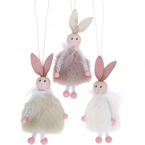 Kaniner, påskdekorationer, vårhängen, påskharar att hänga beige, rosa, vit H12,5cm 3st