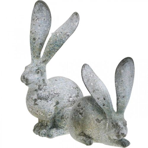 Dekorativ kanin, trädgårdsfigur i betonglook, shabby chic, påskdekoration med silverdetaljer H25cm set om 2