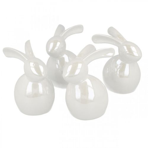 Dekorativ kanin, påskdekoration, keramik påskhare vit, pärlemor H9,5cm 4st
