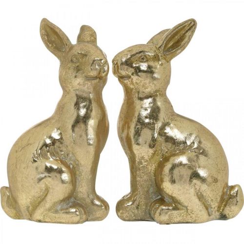 Artikel Dekorativ kanin i guld, kanin att dekorera, ett par påskharar, H16,5cm 2st