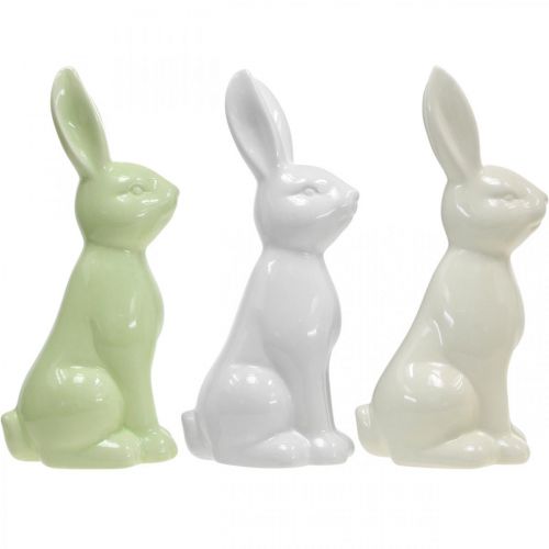 Floristik24 Kanin Keramik Vit, Kräm, Grön Påskhare Deco Figur H13cm 3st