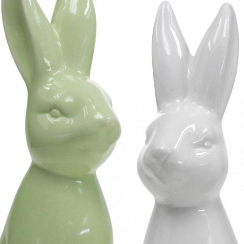 Floristik24 Kanin Keramik Vit, Kräm, Grön Påskhare Deco Figur H13cm 3st