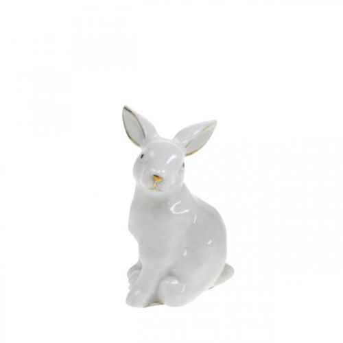 Artikel Vit keramik kanin, påskdekoration med gulddekor, vårdekor H7,5cm