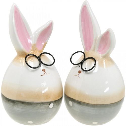 Artikel Keramiska påskharar med glasögon, påskdekoration kaninpar H19cm 2st