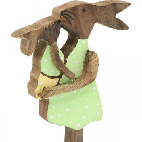 Artikel Kaninmamma med barn, påskdekoration, vår, påskhare av trä, naturlig, grön, gul H22cm