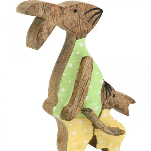 Artikel Påskhare med barn, vårdekoration av trä, kaninpappa, påsknatur, grön, gul H22cm