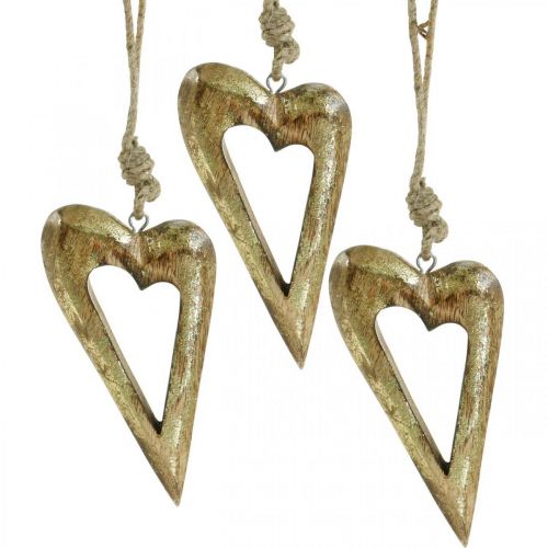 Floristik24 Deco hjärta, mango trä guld effekt, trä dekoration att hänga 13,5 cm × 7 cm 4 st