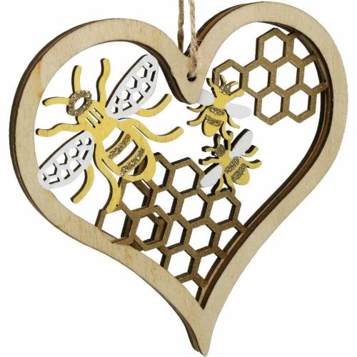 Dekorativa hjärtbin gul, gyllene trähjärta för hängande sommardekoration 6st