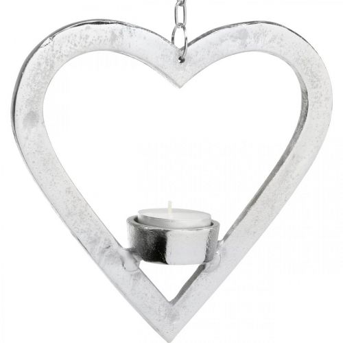 Artikel Värmeljushållare i hjärtat, ljusdekoration att hänga, bröllop, adventsdekoration av metallsilver H17,5cm