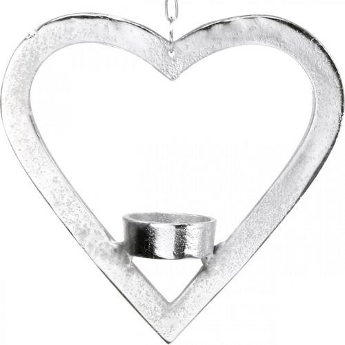 Värmeljushållare i hjärtat, ljusdekoration att hänga, bröllop, adventsdekoration av metallsilver H17,5cm