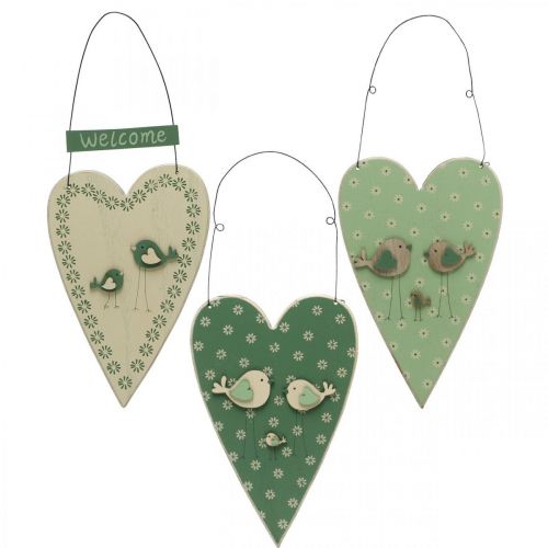 Hjärta att hänga, trädekoration med fåglar, dörrdekoration, vårgrön, gul H22cm set om 3