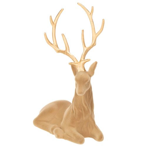 Dekorativ figurin av en liggande hjort med horn, flockad dekoration, 58 cm | Floristik24.se