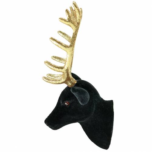 Floristik24 Dekorativt hjorthuvud flockat svart, guld 10cm x 20 cm 3st