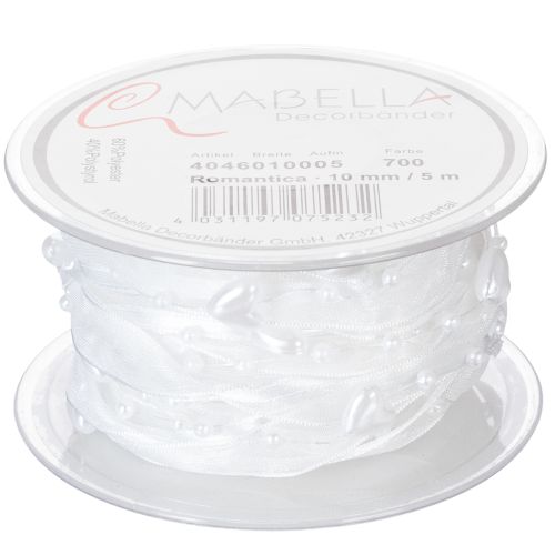 Artikel Bröllopsdekoration organzaband vitt 10mm x 5m med hjärtan och pärlor