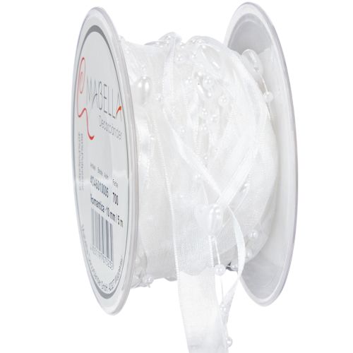 Floristik24 Bröllopsdekoration organzaband vitt 10mm x 5m med hjärtan och pärlor