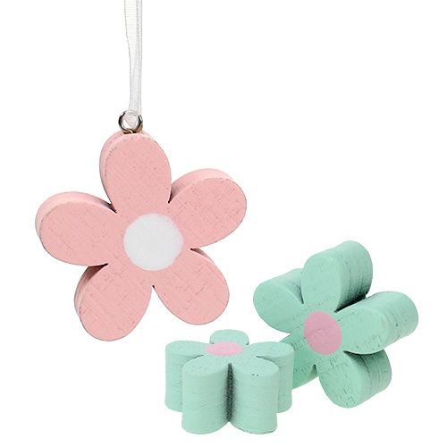 Träblommor för upphängning, spridda dekorationer rosa, grön 12 st