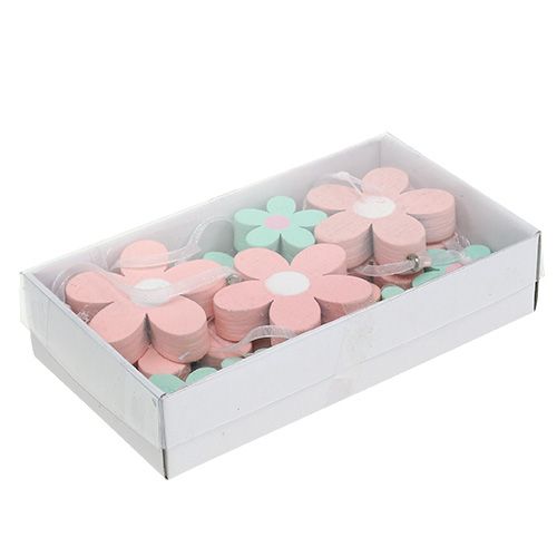 Artikel Träblommor för upphängning, spridda dekorationer rosa, grön 12 st