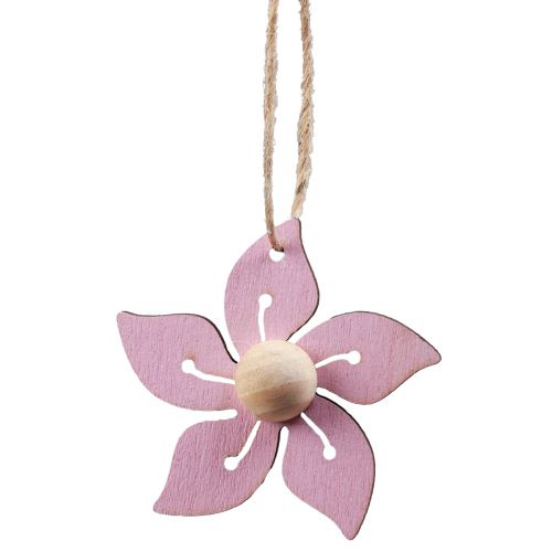 Artikel Träblommor hängande dekoration trä lila, rosa, vit 4,5cm 24st