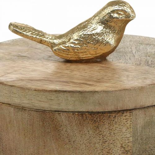 Artikel Smyckeskrin med fågel, fjäder, deco-ask av mangoträ, äkta trä naturligt, gyllene H11cm Ø12cm