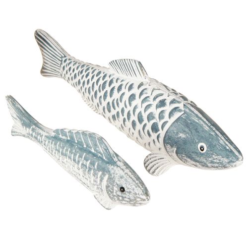 Artikel Träfisk i blått vitt trämjöl L23cm/35cm Set om 2