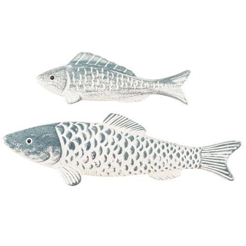Artikel Träfisk i blått vitt trämjöl L23cm/35cm Set om 2