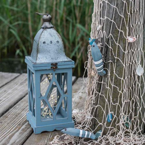 Artikel Trälykta med metalldekor, dekorativ lykta för upphängning, trädgårdsdekoration blå-silver H51cm