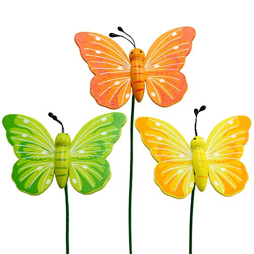 Floristik24 Träfjärilar på pinnen, blandade 3 färger 8 cm 24 st